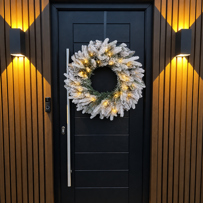 60cm Premium Mixed branch prelit Snow Flocked Christmas Wreath - with timer
