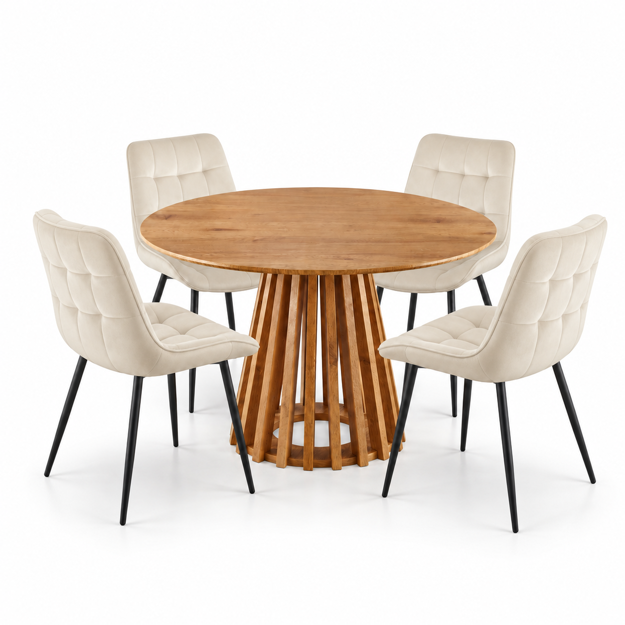 Kayci Round Oak Dining Table with 4 Erica Chairs
