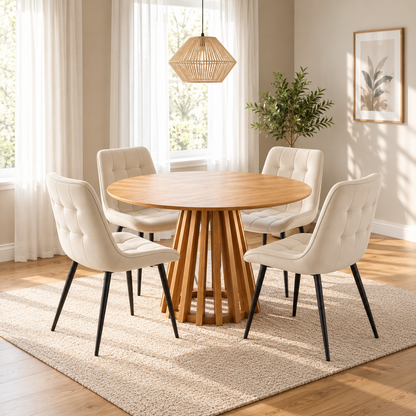 Kayci Round Oak Dining Table with 4 Erica Chairs