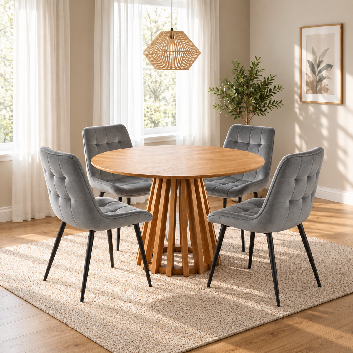 Kayci Round Oak Dining Table with 4 Erica Chairs