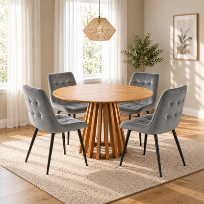 Kayci Round Oak Dining Table with 4 Erica Chairs
