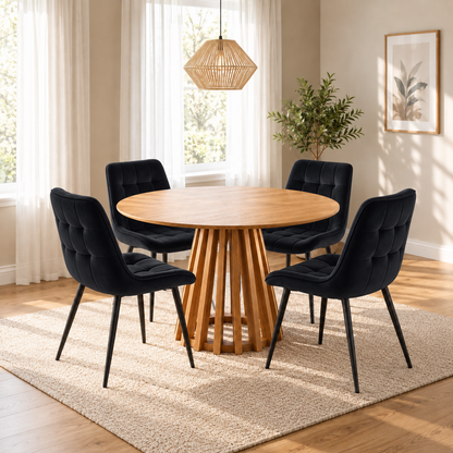 Kayci Round Oak Dining Table with 4 Erica Chairs