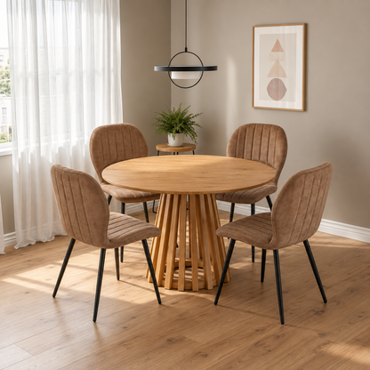 Kayci Round Oak Dining Table with 4 Jaydn Chairs