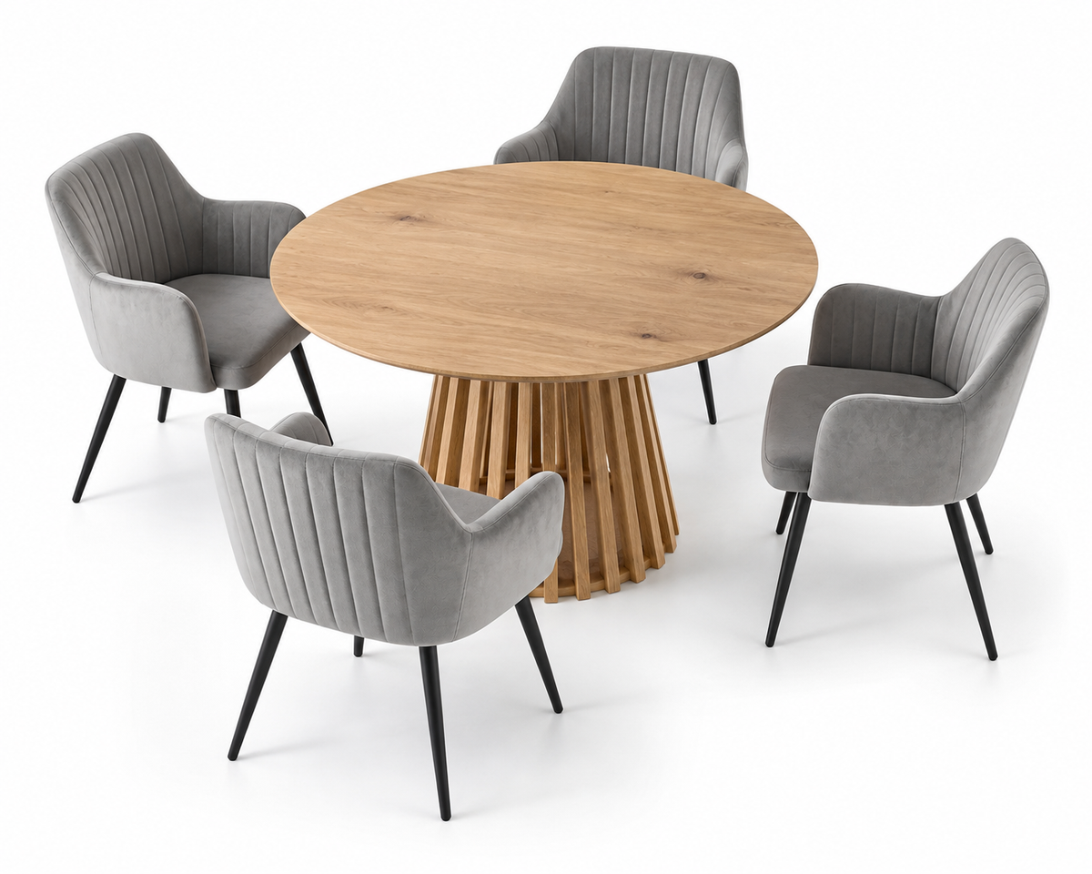 Kayci Round Oak Dining Table with 4 Charlotte Velvet Chairs