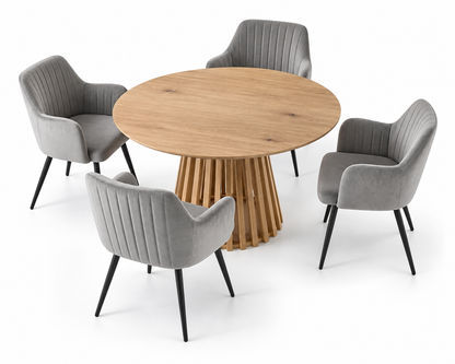Kayci Round Oak Dining Table with 4 Charlotte Velvet Chairs