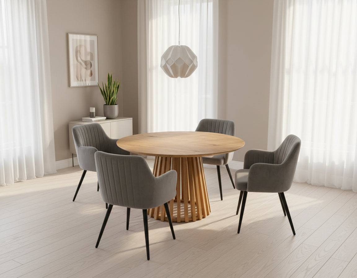 Kayci Round Oak Dining Table with 4 Charlotte Velvet Chairs