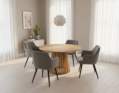 Kayci Round Oak Dining Table with 4 Charlotte Velvet Chairs
