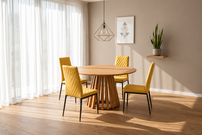 Kayci Round Oak Dining Table with 4 Emily Chairs