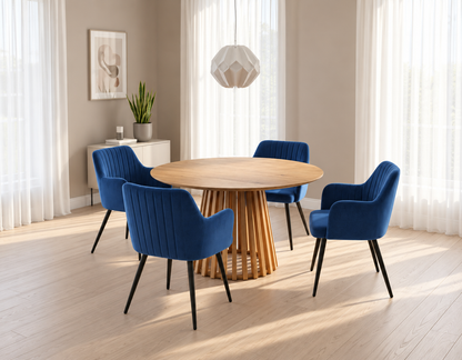 Kayci Round Oak Dining Table with 4 Charlotte Velvet Chairs