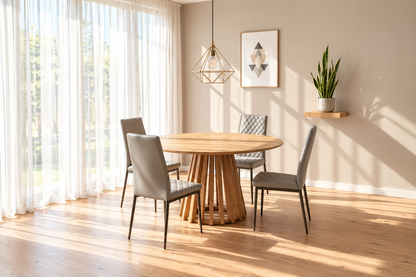 Kayci Round Oak Dining Table with 4 Emily Chairs