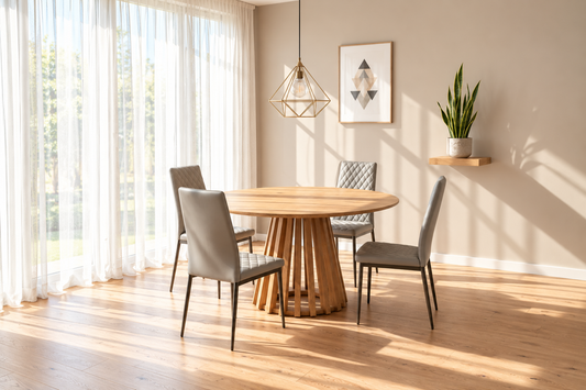 Kayci Round Oak Dining Table with 4 Emily Chairs