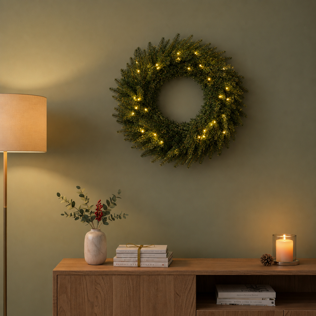 60cm Premium Mixed branch prelit Green Wreath - with timer