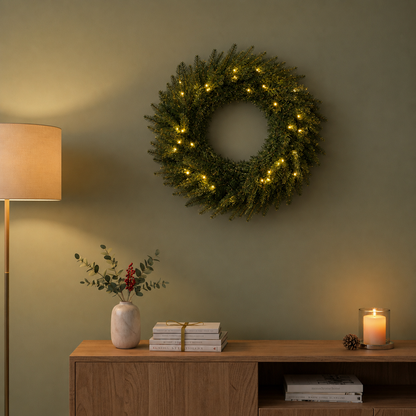 60cm Premium Mixed branch prelit Green Wreath - with timer