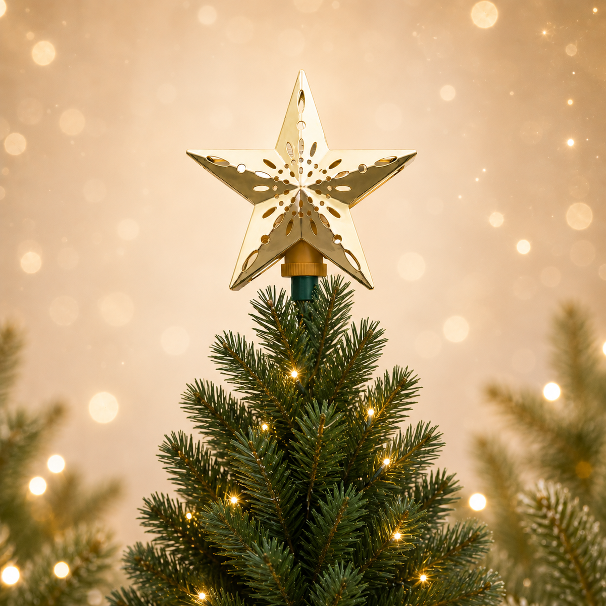 Gold Star Tree Topper — Cut-Out Snowflake Design, Celestial Glow Rotating Star with Remote Control