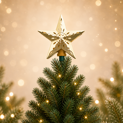 Gold Star Tree Topper — Cut-Out Snowflake Design, Celestial Glow Rotating Star with Remote Control