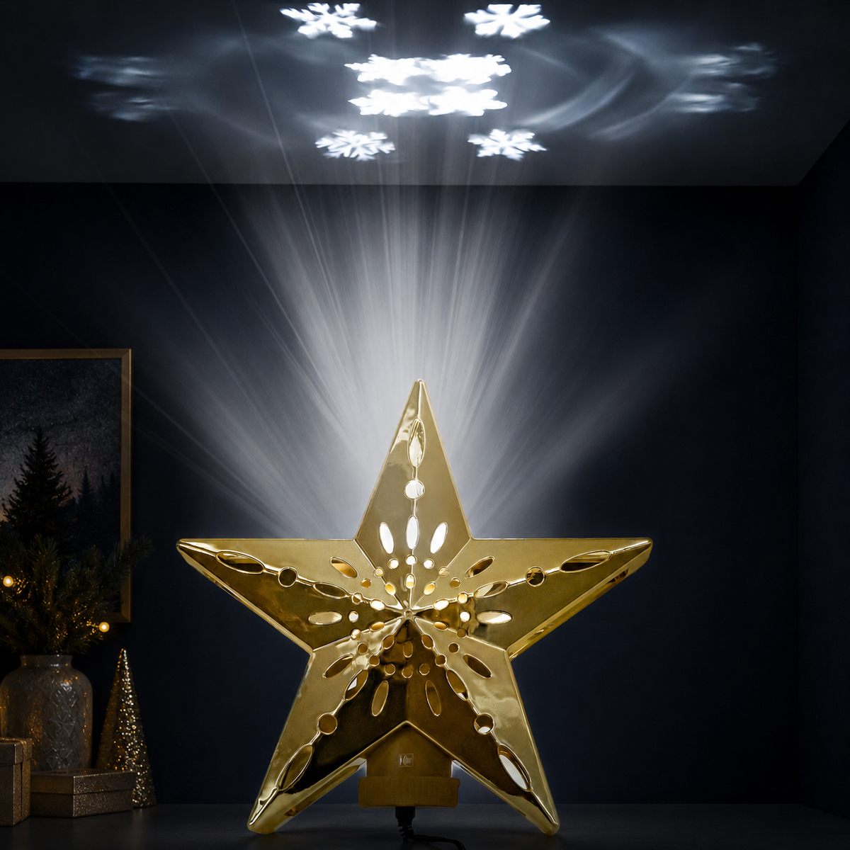Gold Star Tree Topper — Cut-Out Snowflake Design, Celestial Glow Rotating Star with Remote Control
