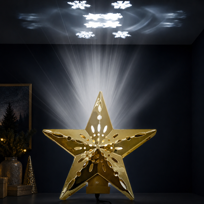Gold Star Tree Topper — Cut-Out Snowflake Design, Celestial Glow Rotating Star with Remote Control