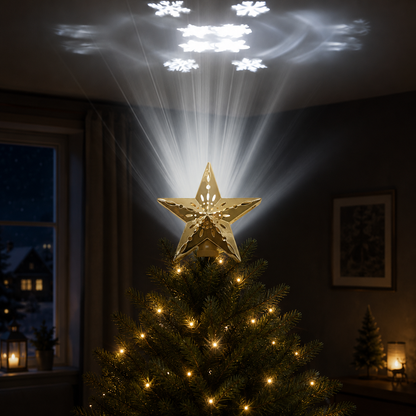 Gold Star Tree Topper — Cut-Out Snowflake Design, Celestial Glow Rotating Star with Remote Control