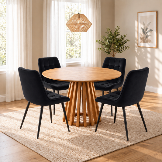 Kayci Round Oak Dining Table with 4 Erica Chairs