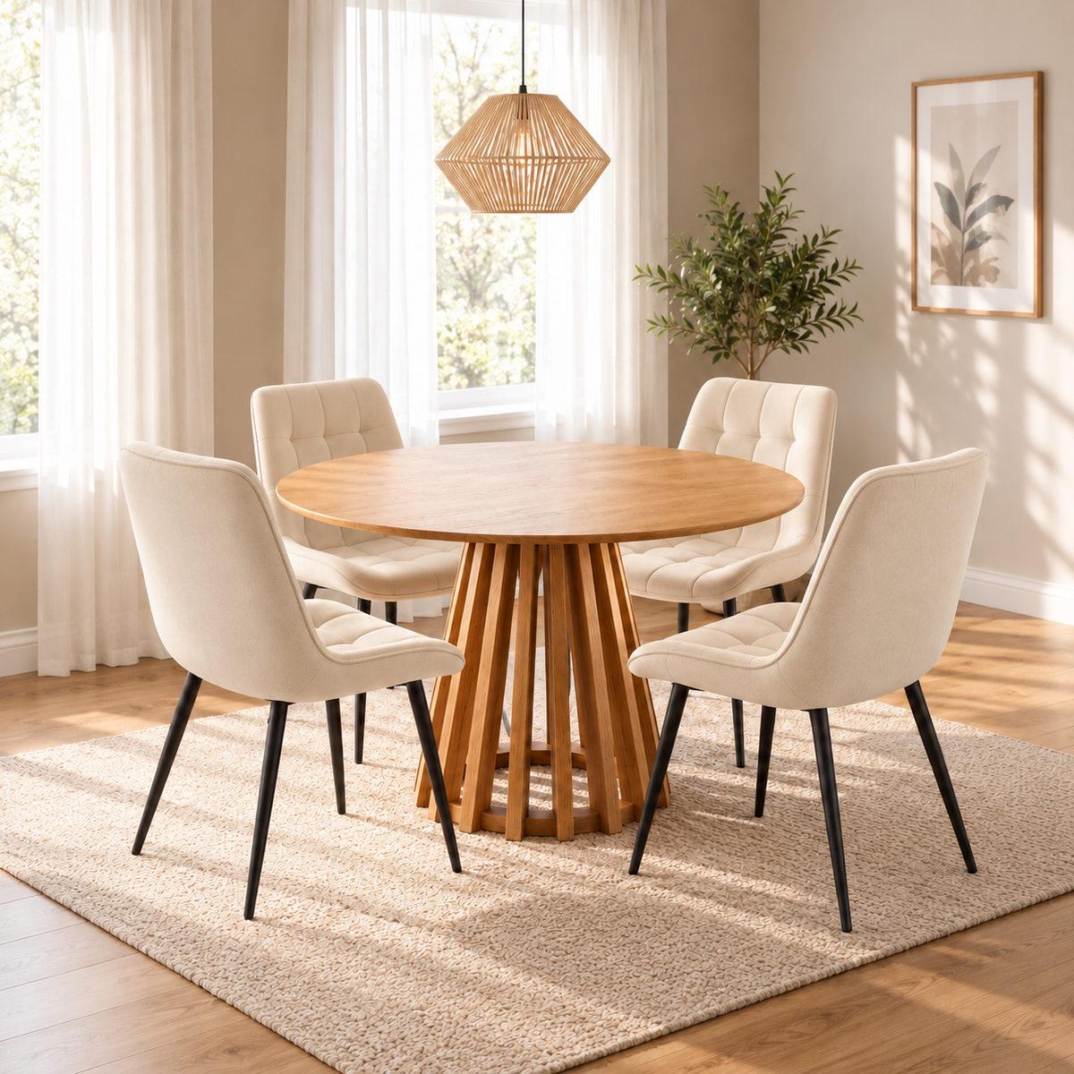 Kayci Round Oak Dining Table with 4 Erica Chairs