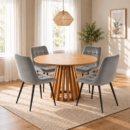 Kayci Round Oak Dining Table with 4 Erica Chairs
