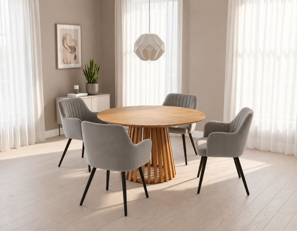 Kayci Round Oak Dining Table with 4 Charlotte Velvet Chairs