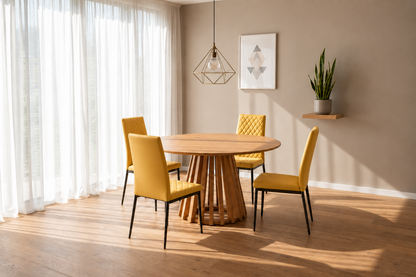 Kayci Round Oak Dining Table with 4 Emily Chairs
