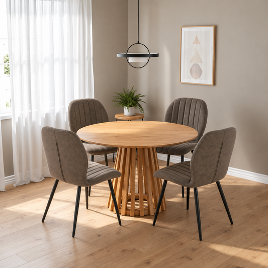 Kayci Round Oak Dining Table with 4 Jaydn Chairs