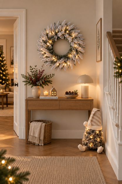 60cm Premium Mixed branch prelit Snow Flocked Christmas Wreath - with timer