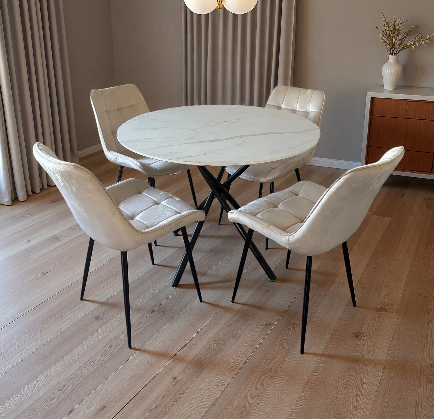 Seattle Dining Table with 4 Erica Velvet Chairs