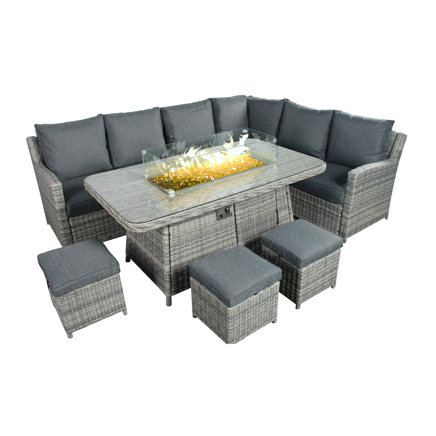 The Windermere Grey Aluminium 9 Seat Corner Gas Firepit Rattan Dining Set