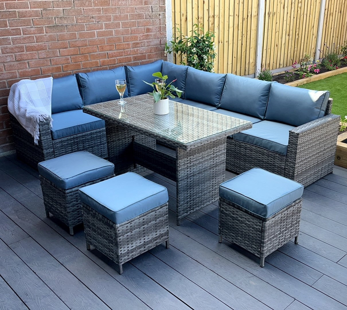 The Tarporley Grey 9 Seat Corner Rattan Dining Set - Madefor.Living
