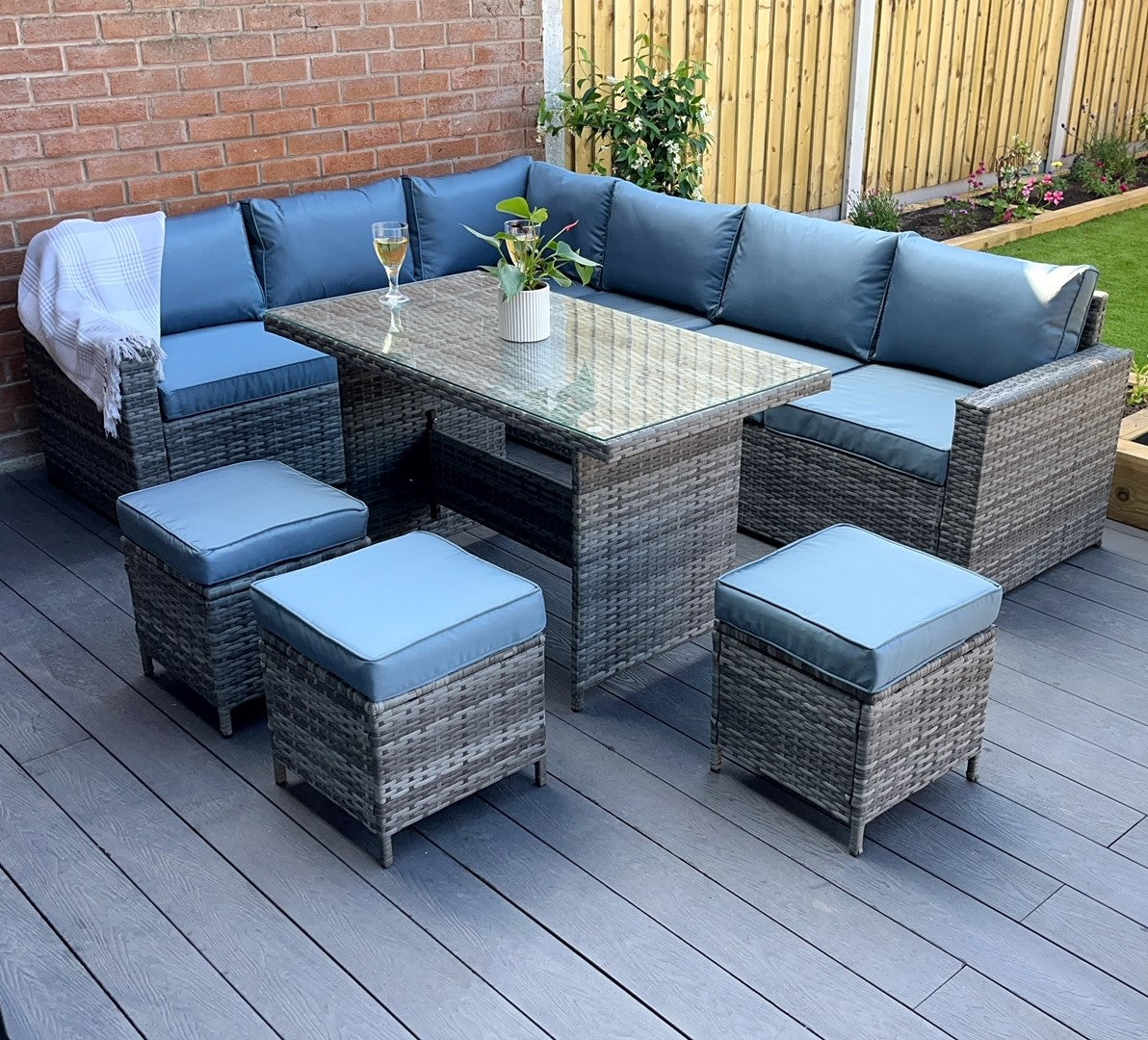The Tarporley Grey 9 Seat Corner Rattan Dining Set - Madefor.Living