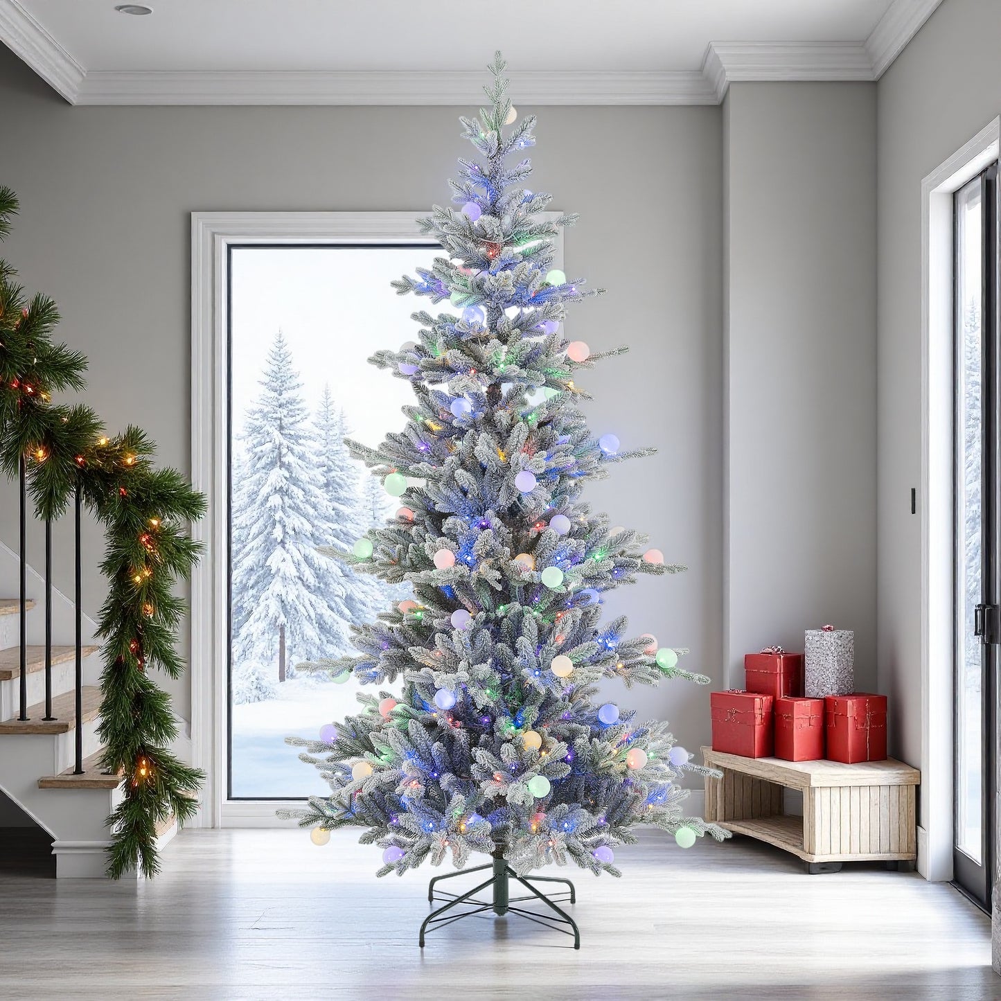 Aurora Winter Glow 6ft Flocked White Multi-Colour Christmas Tree