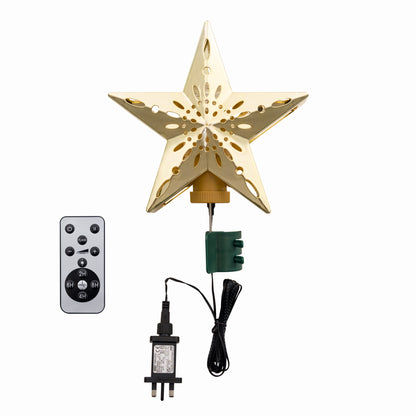 Gold Star Tree Topper — Cut-Out Snowflake Design, Celestial Glow Rotating Star with Remote Control