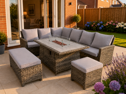 The Maldives Grey Aluminium 9 Seat Corner Gas Firepit Rattan Dining Set