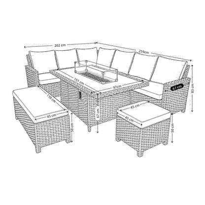 The Maldives Grey Aluminium 9 Seat Corner Gas Firepit Rattan Dining Set