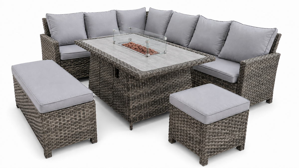 The Maldives Grey Aluminium 9 Seat Corner Gas Firepit Rattan Dining Set