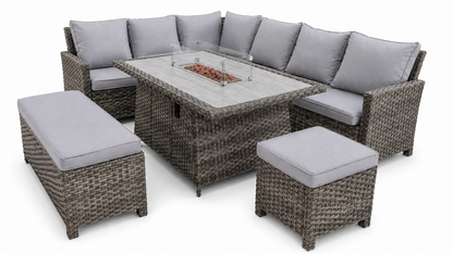The Maldives Grey Aluminium 9 Seat Corner Gas Firepit Rattan Dining Set