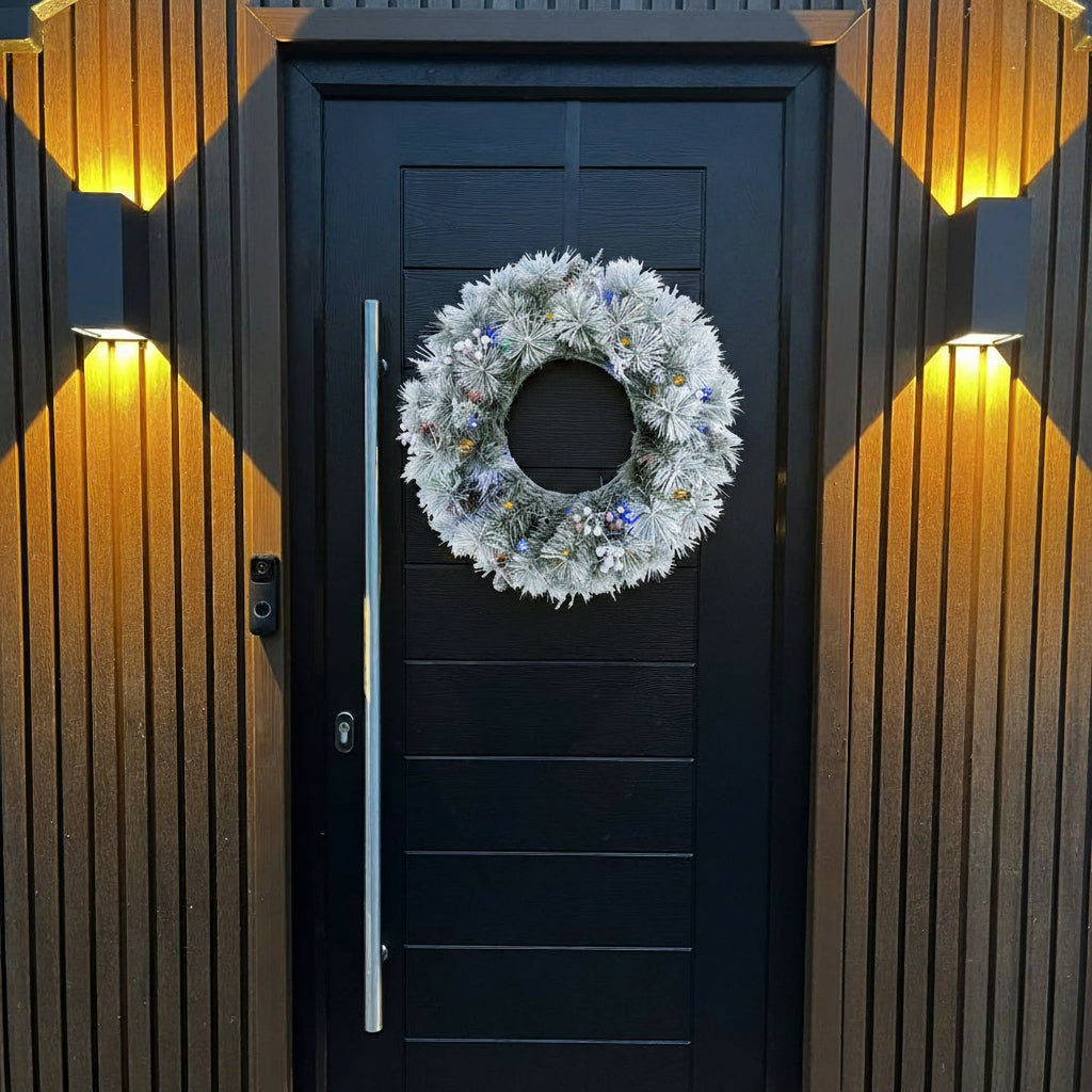 Aurora Winter Glow Christmas Wreath, flocked white with multi colour and multi function