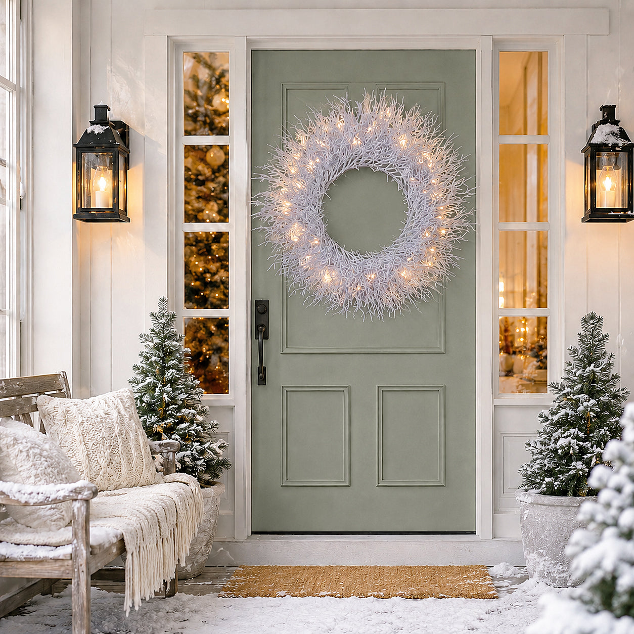 Arctic Snowdrift Christmas Wreath – Flocked White with Warm White LED Lights