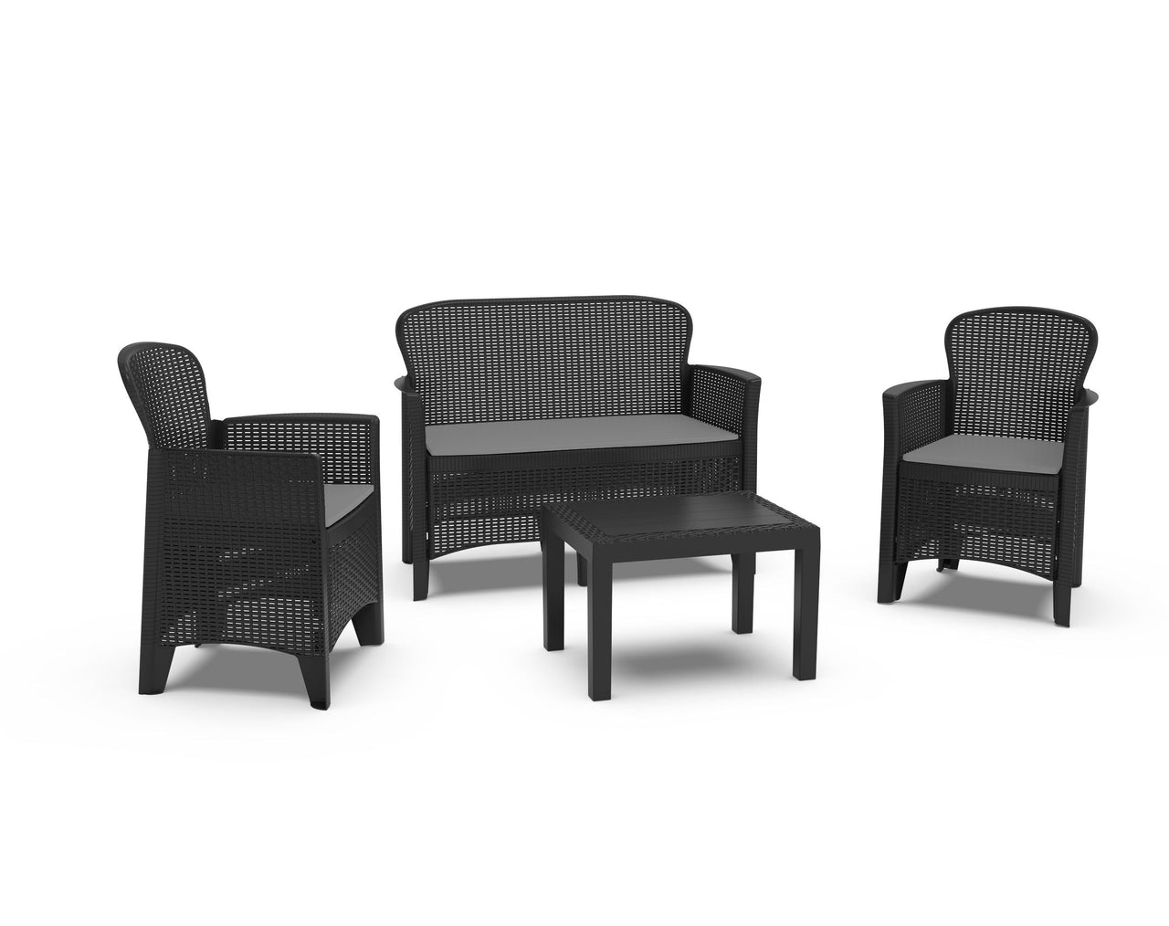 Veneto 4 piece plastic rattan sofa, chair and coffee table set