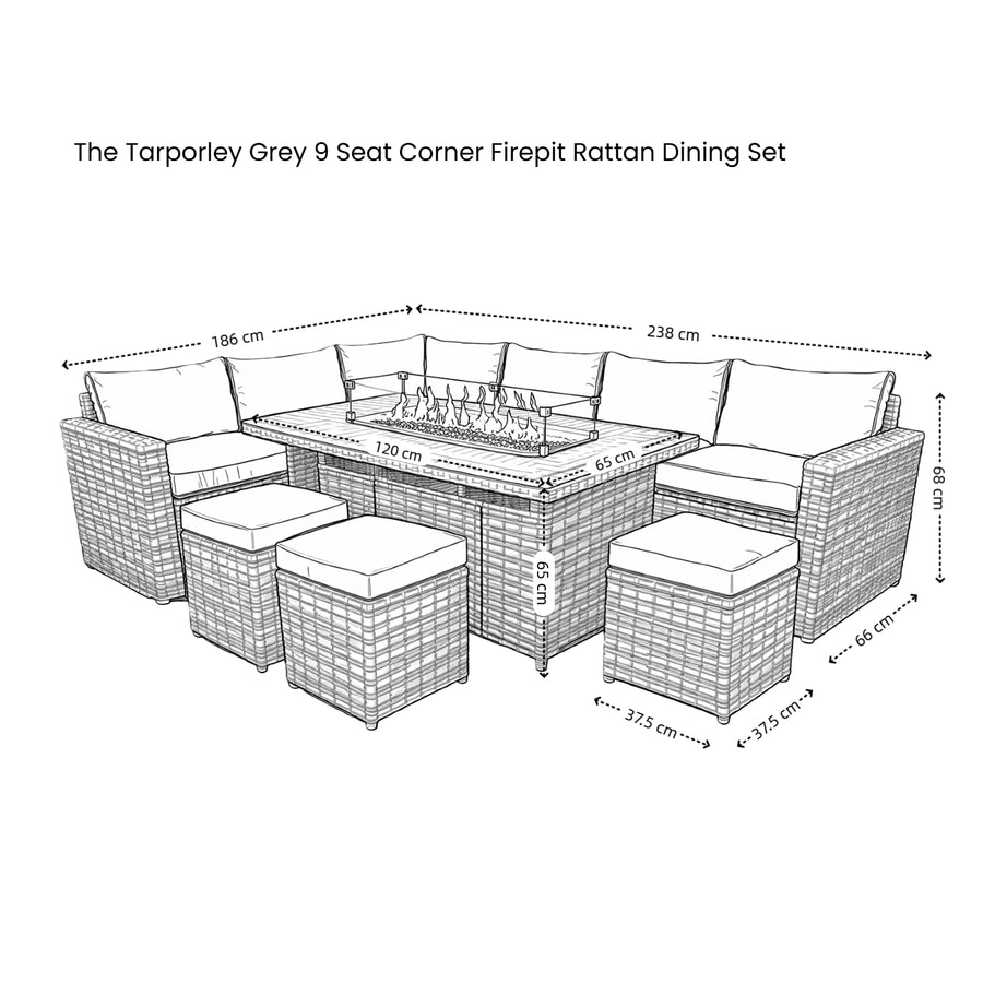 Dimensions diagram — The Tarporley Grey 9 Seat Corner Firepit Rattan Dining Set
