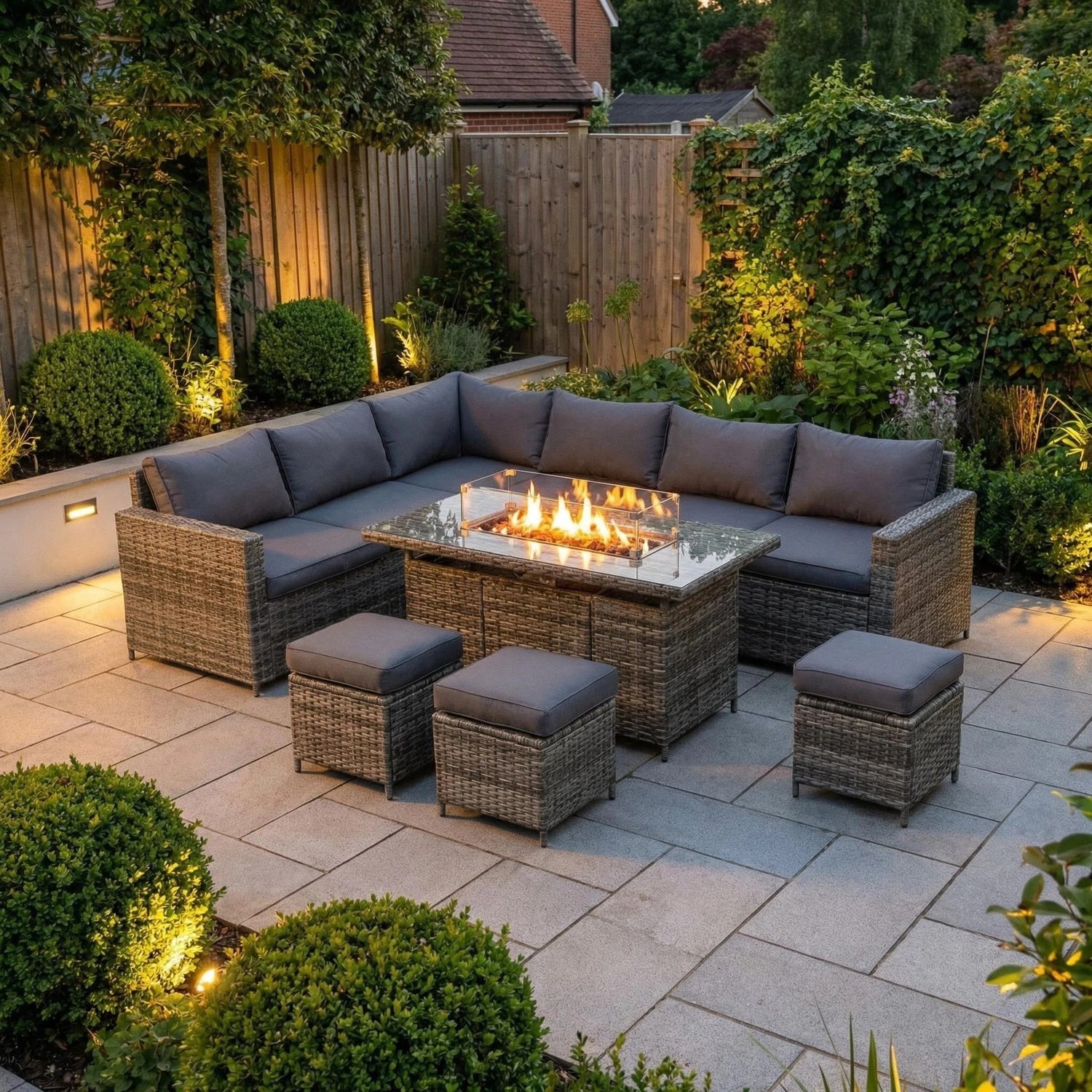 The Tarporley Grey 9 Seat Corner Firepit Rattan Dining Set - Madefor.Living