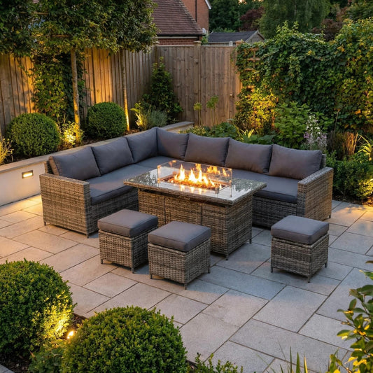 The Tarporley Grey 9 Seat Corner Firepit Rattan Dining Set