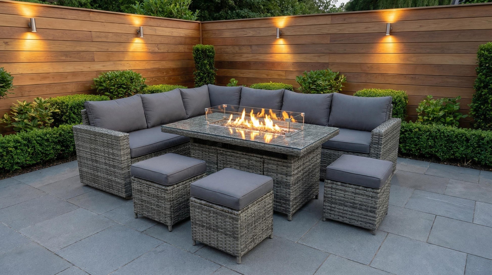 The Tarporley Grey 9 Seat Corner Firepit Rattan Dining Set - Madefor.Living