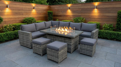 The Tarporley Grey 9 Seat Corner Firepit Rattan Dining Set - Madefor.Living