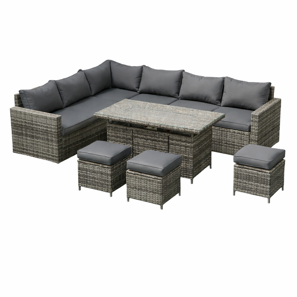The Tarporley Grey 9 Seat Corner Firepit Rattan Dining Set - Madefor.Living