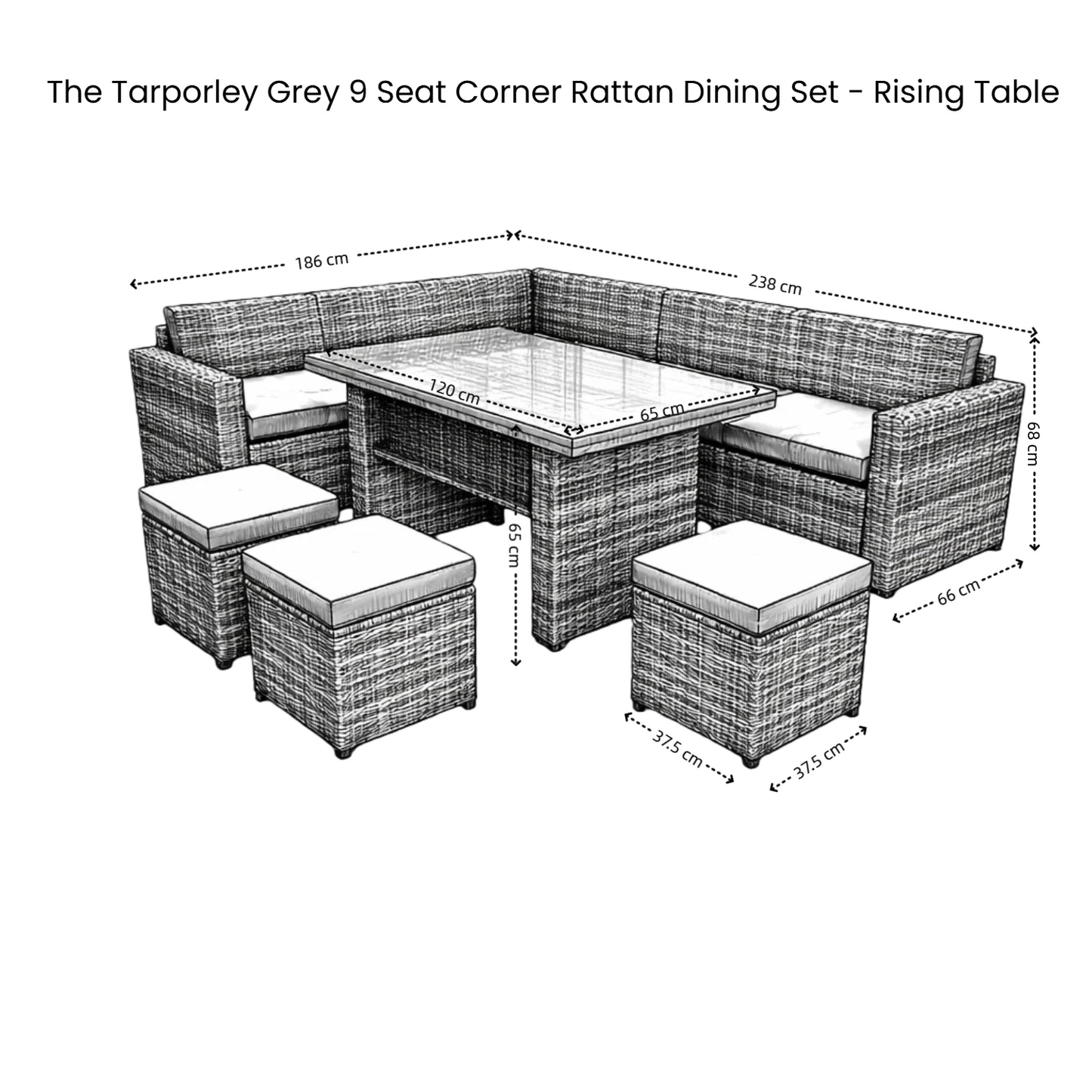 The Tarporley Grey 9 Seat Corner Rattan Dining Set - Rising Table - Madefor.Living