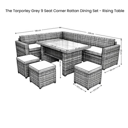 The Tarporley Grey 9 Seat Corner Rattan Dining Set - Rising Table - Madefor.Living